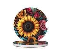 Mexpekil Confezione da 2 sottobicchieri per auto con base in sughero antiscivolo, stampa girasole, rosa, tigre, sottobicchieri, in ceramica, assorbenti, per bevande, accessori universali per auto per