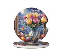 Mexpekil Confezione da 2 sottobicchieri per auto con base in sughero antiscivolo, tulipani colorati, uova, luna, sottobicchieri, in ceramica, per bevande, accessori universali per auto per donne e