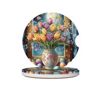 Mexpekil Confezione da 2 sottobicchieri per auto con base in sughero antiscivolo, tulipani, vaso, uova, luna, sottobicchieri, in ceramica, per bevande, accessori universali per auto per donne e uomini
