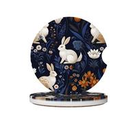 Mexpekil Confezione da 2 sottobicchieri per auto per portabicchieri con base in sughero antiscivolo, motivo coniglio bohémien, pianta blu, assorbenti, in ceramica, per bevande, accessori universali