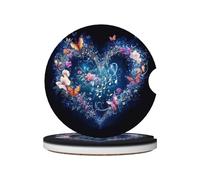Mexpekil Confezione da 2 sottobicchieri per auto per portabicchieri con base in sughero antiscivolo a forma di cuore, fiori colorati, farfalle, assorbenti, in ceramica, per bevande, accessori