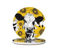 Mexpekil Confezione da 2 sottobicchieri per auto per portabicchieri con base in sughero antiscivolo, stampa girasole, mucca, assorbenti, in ceramica, per bevande, accessori universali per auto per