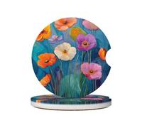 Mexpekil Confezione da 2 sottobicchieri per auto per portabicchieri con base in sughero antiscivolo, pittura con fiori colorati, assorbenti, in ceramica, per bevande, accessori universali per auto per