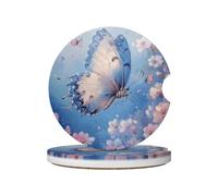 Mexpekil Confezione da 2 sottobicchieri per auto per portabicchieri con base in sughero antiscivolo, farfalla che volano blu floreale assorbenti, in ceramica, per bevande, accessori universali per
