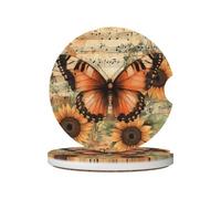 Mexpekil Confezione da 2 sottobicchieri per auto per portabicchieri con base in sughero antiscivolo, girasole, farfalla, note musicali, assorbenti, in ceramica, per bevande, accessori universali per
