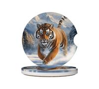 Mexpekil Confezione da 2 sottobicchieri per auto per portabicchieri con base in sughero antiscivolo, motivo tigre che corre invernale, assorbenti, in ceramica, per bevande, accessori universali per