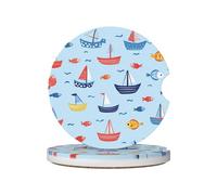 Mexpekil Confezione da 2 sottobicchieri per auto per portabicchieri con base in sughero antiscivolo, barche dei cartoni animati, pesce, assorbenti, in ceramica, per bevande, accessori universali per