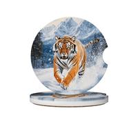 Mexpekil Confezione da 2 sottobicchieri per auto per portabicchieri con base in sughero antiscivolo, tigre che corre e neve, assorbenti, in ceramica, per bevande, accessori universali per auto per