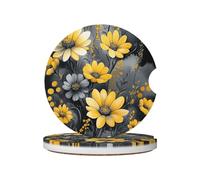 Mexpekil Confezione da 2 sottobicchieri per auto per portabicchieri con base in sughero antiscivolo, pittura a fiori gialli grigi, assorbenti, in ceramica, per bevande, accessori universali per auto