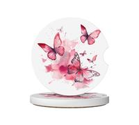 Mexpekil Confezione da 2 sottobicchieri per auto per portabicchieri con base in sughero antiscivolo rosa farfalla mosca assorbente sottobicchieri in ceramica per bevande, accessori universali per auto