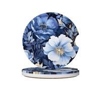 Mexpekil Confezione da 2 sottobicchieri per auto per portabicchieri con base in sughero antiscivolo, pittura con piante floreali blu, assorbenti, in ceramica, per bevande, accessori universali per