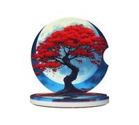 Mexpekil Confezione da 2 sottobicchieri per portabicchieri con base in sughero antiscivolo, motivo albero rosso giapponese, luna, assorbenti, in ceramica, per bevande, accessori universali per auto
