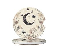 Mexpekil Confezione da 2 sottobicchieri per portabicchieri con base in sughero antiscivolo, motivo floreale bohémien, luna, assorbente, in ceramica, per bevande, accessori universali per auto per