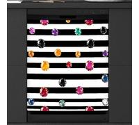 Mexpekil Copertura magnetica per lavastoviglie a strisce bianche e nere con diamante colorato, 53,3 x 66 cm, adesivo decorativo impermeabile per lavastoviglie per elettrodomestici da cucina