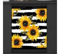 Mexpekil Copertura magnetica per lavastoviglie a strisce nere con girasole 53,3 x 66 cm, adesivo decorativo impermeabile per lavastoviglie per elettrodomestici da cucina