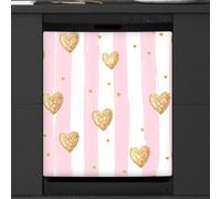 Mexpekil Copertura magnetica per lavastoviglie a strisce rosa a forma di cuore dorato 53,3 x 66 cm, adesivo decorativo impermeabile per lavastoviglie per elettrodomestici da cucina