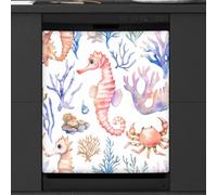 Mexpekil Copertura magnetica per lavastoviglie con acquarello, cavalluccio marino, granchio, corallo, 58,4 x 66 cm, adesivo decorativo impermeabile per lavastoviglie per elettrodomestici da cucina