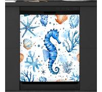 Mexpekil Copertura magnetica per lavastoviglie con cavalluccio marino, conchiglia, corallo, blu, 53,3 x 66 cm, adesivo decorativo impermeabile per lavastoviglie per elettrodomestici da cucina