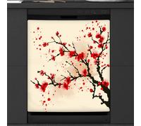 Mexpekil Copertura magnetica per lavastoviglie con fiori di ciliegio giapponese rosso, 58,4 x 66 cm, adesivo decorativo impermeabile per lavastoviglie per elettrodomestici da cucina