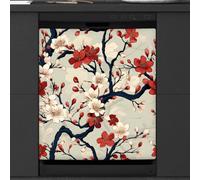 Mexpekil Copertura magnetica per lavastoviglie con fiori di ciliegio giapponese rosso bianco 53,3 x 66 cm, adesivo decorativo impermeabile per lavastoviglie per elettrodomestici da cucina