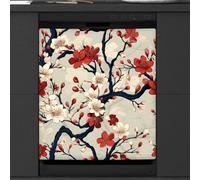 Mexpekil Copertura magnetica per lavastoviglie con fiori di ciliegio giapponese rosso bianco 58,4 x 66 cm, adesivo decorativo impermeabile per lavastoviglie per elettrodomestici da cucina