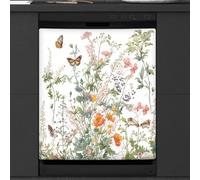 Mexpekil Copertura magnetica per lavastoviglie con fiori selvatici, foglie e farfalle, 53,3 x 66 cm, adesivo decorativo impermeabile per lavastoviglie per elettrodomestici da cucina