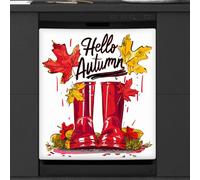 Mexpekil Copertura magnetica per lavastoviglie, con foglie autunnali che cadono e stivali rossi, 66 x 53 cm, copertura magnetica per cucina e lavastoviglie