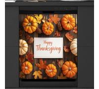 Mexpekil Copertura magnetica per lavastoviglie, con scritta "Happy Thanksgiving Pumpkins", foglie d'acero, lavagne in legno, copertura magnetica per lavastoviglie, decorazione artistica da cucina