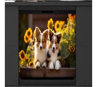 Mexpekil Copertura magnetica per lavastoviglie con simpatico cane Corgi e girasole, 53,3 x 66 cm, adesivo decorativo impermeabile per lavastoviglie per elettrodomestici da cucina