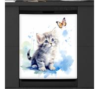 Mexpekil Copertura magnetica per lavastoviglie con simpatico gatto e farfalla, ad acquerello, 58,4 x 66 cm, decorazione impermeabile per lavastoviglie, adesivo magnetico per elettrodomestici da cucina