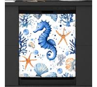 Mexpekil Copertura magnetica per lavastoviglie con stella marina, cavalluccio marino, conchiglia, corallo, 53,3 x 66 cm, adesivo decorativo impermeabile per lavastoviglie magnetico per