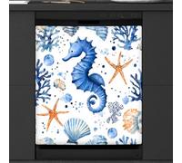 Mexpekil Copertura magnetica per lavastoviglie con stella marina, cavalluccio marino, conchiglia, corallo, 58,4 x 66 cm, adesivo decorativo impermeabile per lavastoviglie magnetico per