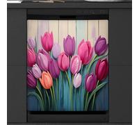 Mexpekil Copertura magnetica per lavastoviglie con struttura in legno viola e rosa, 58,4 x 66 cm, adesivo decorativo impermeabile per lavastoviglie per elettrodomestici da cucina