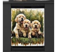 Mexpekil Copertura magnetica per lavastoviglie, con tre piccoli Golden Retrievers dipinto a olio magnetico per lavastoviglie, 66 x 53 cm, copertura magnetica per cucina e lavastoviglie