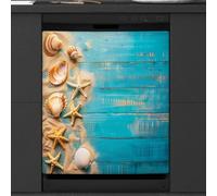 Mexpekil Copertura magnetica per lavastoviglie, conchiglie, stelle marine, sabbia, blu, orizzontale, venature del legno, copertura magnetica per lavastoviglie, decorazione artistica per cucina