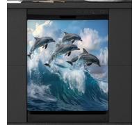 Mexpekil Copertura magnetica per lavastoviglie, delfini che volano sopra le onde, adesivo magnetico per lavastoviglie, 66 x 53 cm, copertura magnetica per cucina lavastoviglie Art