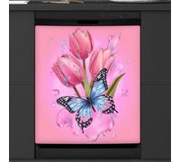 Mexpekil Copertura magnetica per lavastoviglie, farfalla blu su tulipani rosa, stampa artistica, copertura magnetica per lavastoviglie, decorazione artistica da cucina