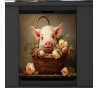 Mexpekil Copertura magnetica per lavastoviglie, maialino rosa nel cesto di fiori, copertura magnetica per lavastoviglie, 66 x 53 cm, copertura magnetica per cucina e lavastoviglie