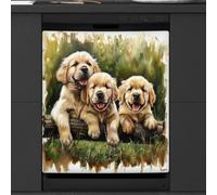 Mexpekil Copertura magnetica per lavastoviglie, motivo: tre piccoli Golden Retriever, dipinto a olio, copertura magnetica per lavastoviglie, decorazione artistica da cucina