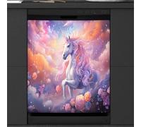 Mexpekil Copertura magnetica per lavastoviglie, unicorno sognante tra le nuvole e fiori, copertura magnetica per lavastoviglie, 66 x 53 cm, copertura magnetica per lavastoviglie da cucina