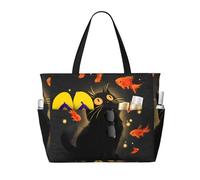 Mexpekil Grande borsa da spiaggia con disegno di gatto nero, impermeabile, borsa da spiaggia con cerniera, borsa da spiaggia estiva per donne vacanze