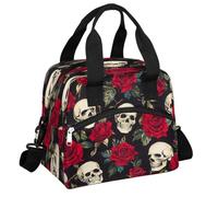 Mexpekil Grande borsa per il pranzo da donna e da uomo, termica isolata, impermeabile, portatile, borsa frigo, borsa da picnic con tracolla regolabile, 13,8 l (testa di morte, rosa rossa)