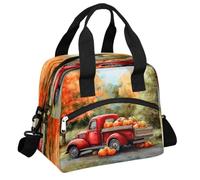 Mexpekil Grande borsa per il pranzo per donne e uomini, isolata, termica, impermeabile, portatile, borsa da picnic con tracolla regolabile da 13,8 l (camion rosso raccolto zucche paesaggio)