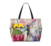 Mexpekil Grandi borse da spiaggia per donne uomini impermeabili a prova di sabbia borsa da spiaggia pieghevole borse estive vacanze, Libellule Lotus Flowers Word, Taglia unica