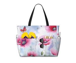 Mexpekil Grandi borse da spiaggia per donne uomini impermeabili a prova di sabbia borsa da spiaggia pieghevole borse estive vacanze, Papaveri Rosa Floreale, Taglia unica