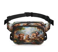Mexpekil Marsupio con cerniera bidirezionale, con scritta "Happy Monkeys in the Forest", impermeabile, con tracolla regolabile, Nero