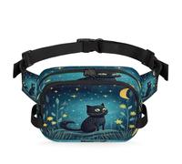 Mexpekil Marsupio con gatto nero che guarda la luna, con cerniera bidirezionale, impermeabile, borsa a tracolla con tracolla regolabile, Nero