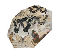 Mexpekil Ombrello compatto antivento forte per bambini donne uomini apertura automatica ombrello pieghevole protezione UV ombrello da viaggio per sole pioggia, Parola Farfalle Vintage, 28CM