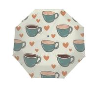 Mexpekil Ombrello compatto da viaggio con tazza di caffè e cuore, antivento, pieghevole, protezione UV, sole, pioggia