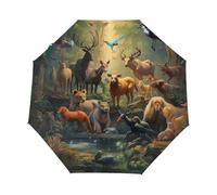 Mexpekil Ombrello compatto pieghevole automatico con animali della foresta, sole, pioggia, con cervo e uccelli, antivento, per donne e bambini